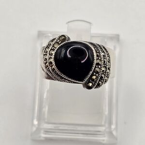 925 Sterling Silver Vintage Huge Real Black Onyx & Marcasite Ring Size 7.75